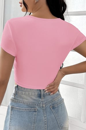 WomanAndKids Kadın Bluz Pembe Crop Kısa Kol Düz Yaka Pamuk Polyester