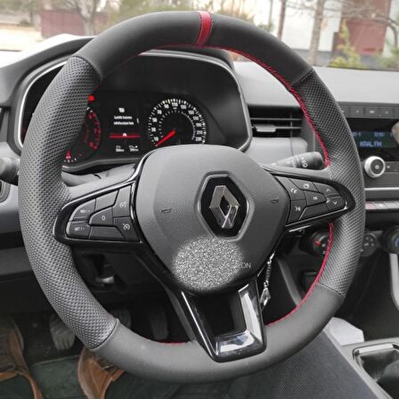 Renault Clio 5  Direksiyon Kılıfı Simit Kısmına Dikilir (Nubuk Noktalı Kırmızı Yüzüklü)
