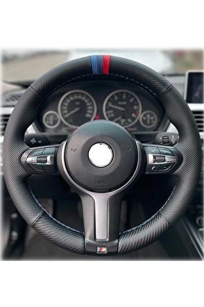 Bmw 7 Serisi Noktalı Karbon 3MYüzüklü Mavi Kırmızı Dikişli (Simit Kısmına Dikilen Kılıf)