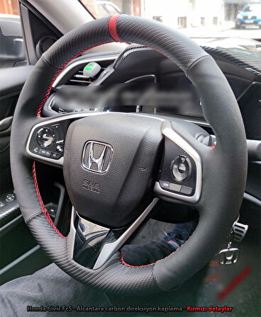 Honda Civic Fc5 Araca Özel Direksiyon Kılıfı (Karbon Alcantra Kırmızı Yüzüklü)