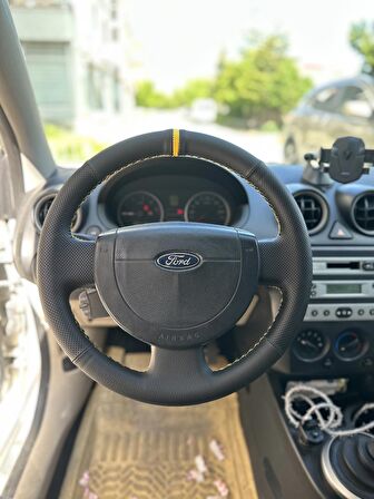 Ford Fiesta 2005-2010 Araca Özel Direksiyon Kılıfı (Nokta Düz Sarı Yüzük)