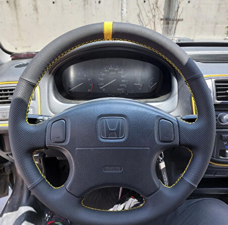 Honda Civic 2001 Euro Araca Özel Direksiyon Kılıfı (Noktalı Alcantra Sarı Yüzüklü)