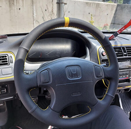 Honda Civic 2001 Euro Araca Özel Direksiyon Kılıfı (Noktalı Alcantra Sarı Yüzüklü)