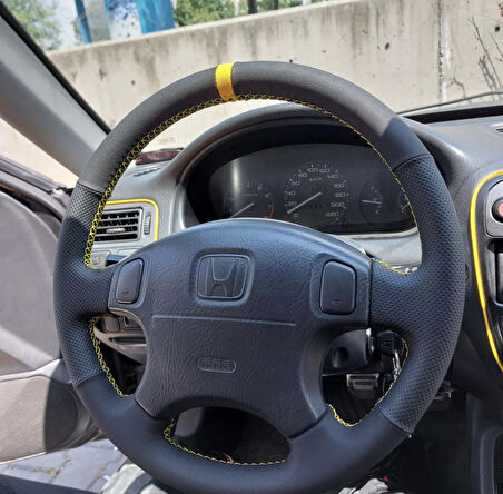 Honda Civic 2001 Euro Araca Özel Direksiyon Kılıfı (Noktalı Alcantra Sarı Yüzüklü)