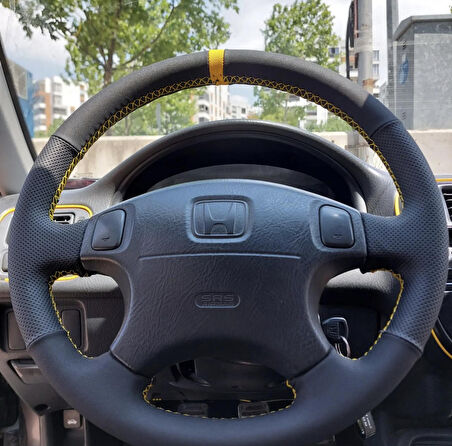 Honda Civic 2001 Euro Araca Özel Direksiyon Kılıfı (Noktalı Alcantra Sarı Yüzüklü)