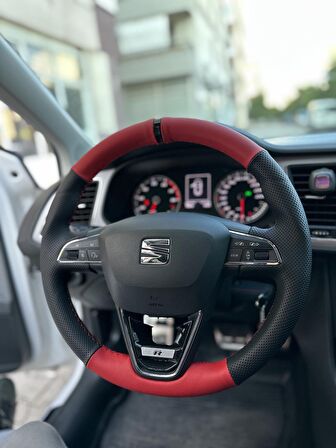 Seat Leon Style Araca Özel Direksiyon Kılıfı (Nokta Kırmızı Piona Black Yüzük)