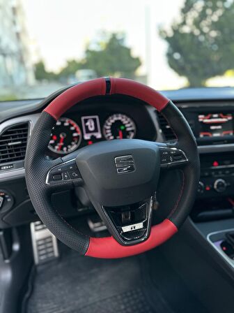 Seat Leon Style Araca Özel Direksiyon Kılıfı (Nokta Kırmızı Piona Black Yüzük)