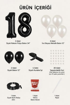 Kurdeleli Siyah Beyaz İnci Konsept Yaş Seçenekli Rakam Balonlu Doğum Günü Mini Balon Seti