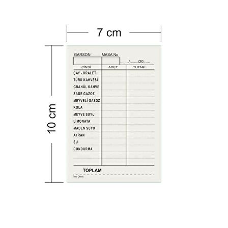 Kafe Çay Kahve Adisyon Sipariş Fişi A7 Tek Nüsha 200 Cilt