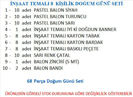 İnşaat Temalı 8 Kişilik Doğum Günü Seti