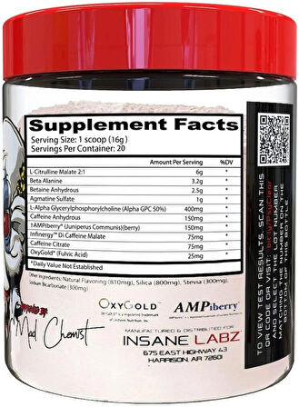 Insane Labz Psychotic Clear Fully Disclosed Clinically Dosed PreWorkout Powder Extreme Lasting Energy Focus