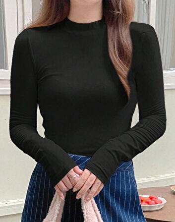 Siyah Yarım Balıkçı Yaka Bluz Darkalıp İnterlok Penye Kumaş Günlük Body