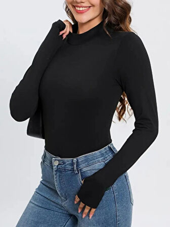 Siyah Yarım Balıkçı Yaka Bluz Darkalıp İnterlok Penye Kumaş Parmak Detaylı Body