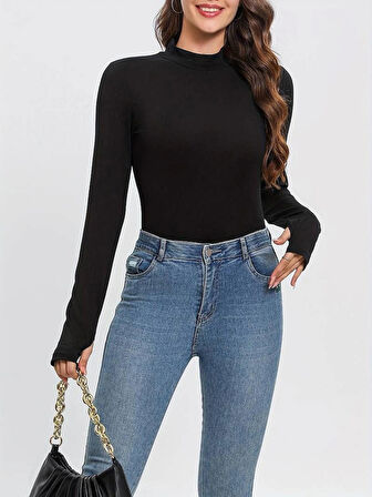 Siyah Yarım Balıkçı Yaka Bluz Darkalıp İnterlok Penye Kumaş Parmak Detaylı Body