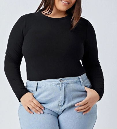 Siyah Bisiklet Yaka Büyük Beden Bluz Darkalıp İnterlok Penye Kumaş Günlük Body