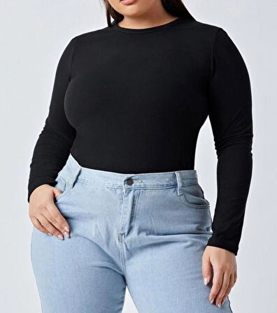 Siyah Bisiklet Yaka Büyük Beden Bluz Darkalıp İnterlok Penye Kumaş Günlük Body