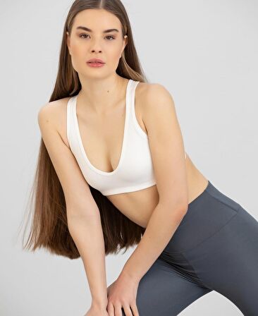 Aurafit Fitilli Derin U Yaka Kalın İp Askılı Arkası Çapraz Büstiyer/Croptop - 9044