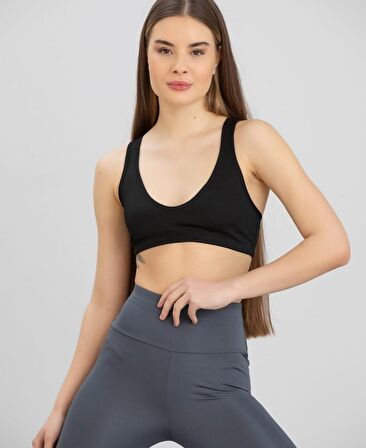 Aurafit Fitilli Derin U Yaka Kalın İp Askılı Arkası Çapraz Büstiyer/Croptop - 9044