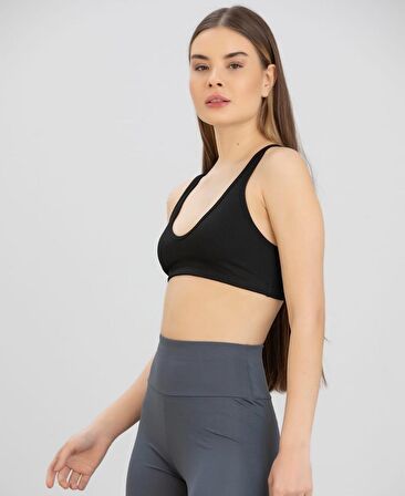 Aurafit Fitilli Derin U Yaka Kalın İp Askılı Arkası Çapraz Büstiyer/Croptop - 9044