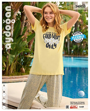 Aydoğan Homewear -good vibes only- Yazılı Sarı Viskos Yazlık Pijama Takımı-240035