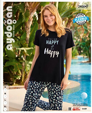 Aydoğan Homewear -Think Happy be Happy- Yazılı Viskon Yazlık Pijama Takımı