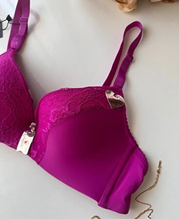 Fuşya Dantelli Dekoltesi Dantel Detaylı Kaplı Balenli Hafif Destekli Sütyen (Intive Limited)