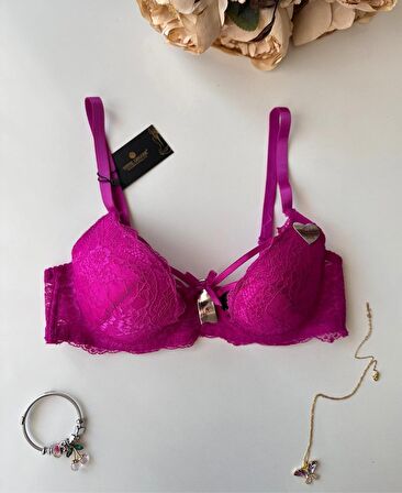 Fuşya Dantelli Dekoltesi Şerit Detaylı Balenli Desteksiz Sütyen (Intive Limited)