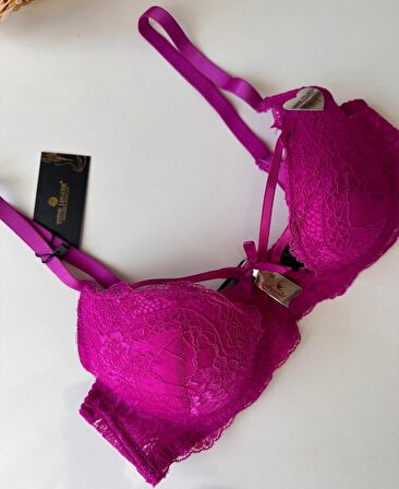 Fuşya Dantelli Dekoltesi Şerit Detaylı Balenli Desteksiz Sütyen (Intive Limited)