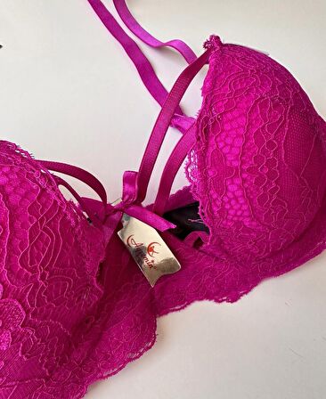 Fuşya Dantelli Dekoltesi Şerit Detaylı Balenli Desteksiz Sütyen (Intive Limited)