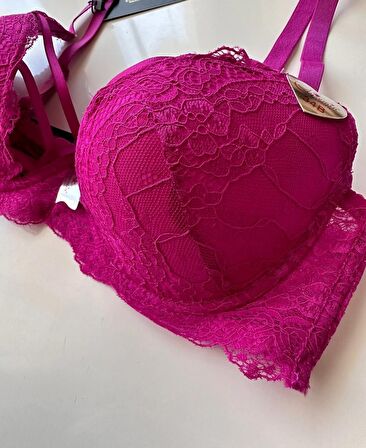 Fuşya Dantelli Dekoltesi Şerit Detaylı Balenli Desteksiz Sütyen (Intive Limited)