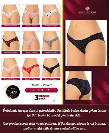 Intive Çiçek ve Kalp Desenli Yanları Kurdele Detaylı Pamuklu 3'lü Günlük Kullanım Külot