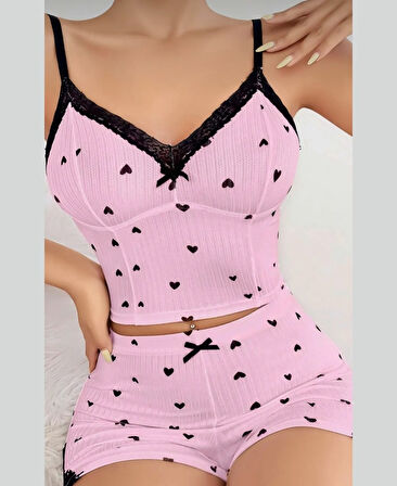 Lily Bianca %100 Pamuk Penye Kalp Desenli Pembe Büstiyer/Şort Takım-Pijama-13006