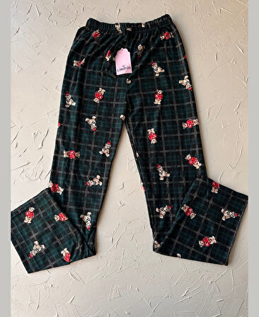Lindros Kadife Zümrüt Yeşili Kare Desen Vintage Ayıcık Desenli %100 Pamuk Pijama Altı