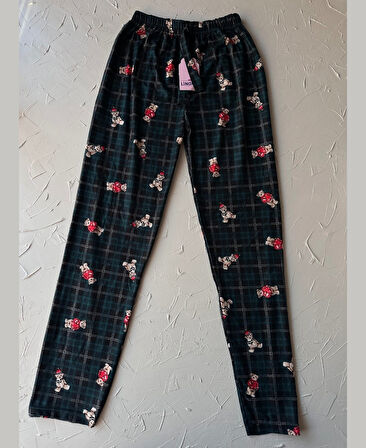 Lindros Kadife Zümrüt Yeşili Kare Desen Vintage Ayıcık Desenli %100 Pamuk Pijama Altı