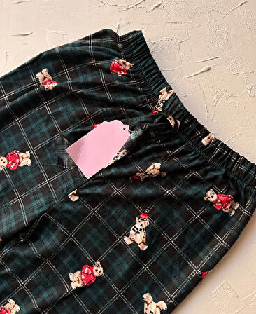 Lindros Kadife Zümrüt Yeşili Kare Desen Vintage Ayıcık Desenli %100 Pamuk Pijama Altı