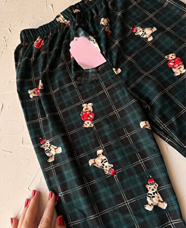 Lindros Kadife Zümrüt Yeşili Kare Desen Vintage Ayıcık Desenli %100 Pamuk Pijama Altı