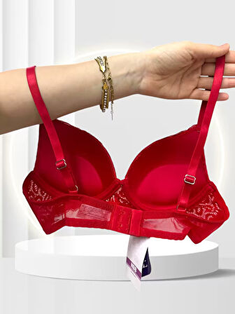NBB Kırmızı Push-Up Dantelli Balenli Destekli Sütyen-Tanga-Külot 3'lü Takım - 4850