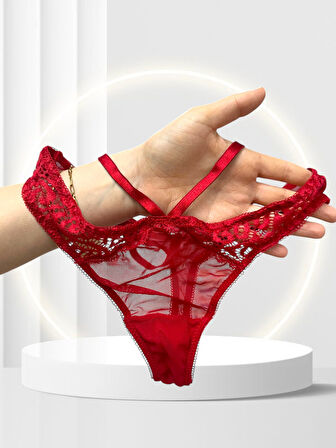 NBB Kırmızı Push-Up Dantelli Balenli Destekli Sütyen-Tanga-Külot 3'lü Takım - 4850