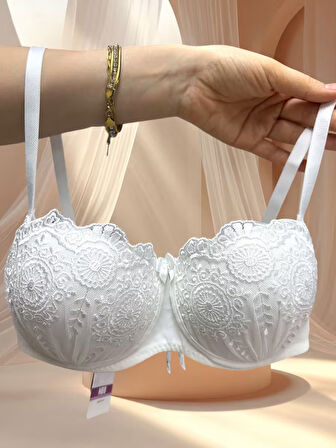 NBB Beyaz Dantelli Straplez Kesim Push-up Tangası Şerit Detaylı Sütyen Takım