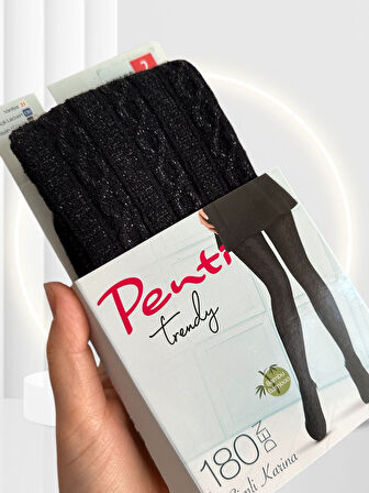 Penti Simli Karina Bambu 180 Den Siyah-Gümüş Renk Parlak İpli Desenli Külotlu Çorap