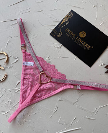 Passione Parlak Şerit Detaylı Pembe/Siyah Esnek Arkası Kalp Aksesuar Detaylı String