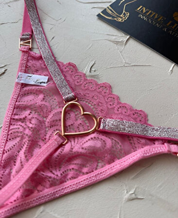 Passione Parlak Şerit Detaylı Pembe/Siyah Esnek Arkası Kalp Aksesuar Detaylı String