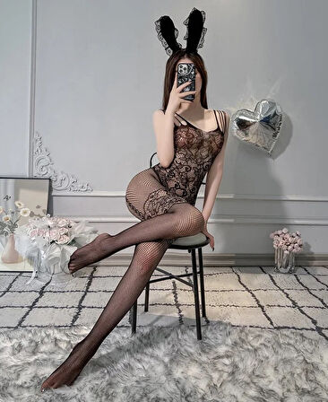 Secret Love Desenli İnce Askılı Jartiyer Görünümlü Siyah Tasarım Vücut Çorabı