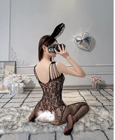 Secret Love Desenli İnce Askılı Jartiyer Görünümlü Siyah Tasarım Vücut Çorabı
