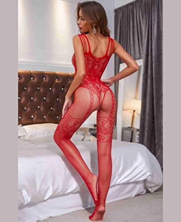 Secret Love Desenli İnce Askılı Jartiyer Görünümlü Tasarım Vücut Çorabı (Siyah,Beyaz,Pembe,Kırmızı)