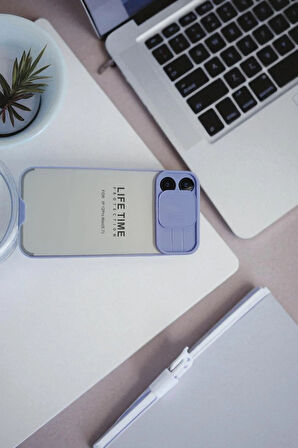 iPhone 12 Pro Max Uyumlu Kamera Korumalı Kızaklı Arka Koruma Kılıf Lila