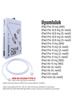 Tablet iPad Pro 11 inç 1. 2. 3. 4. Nesil Uyumlu Şarj Kablosu Type-C 60W