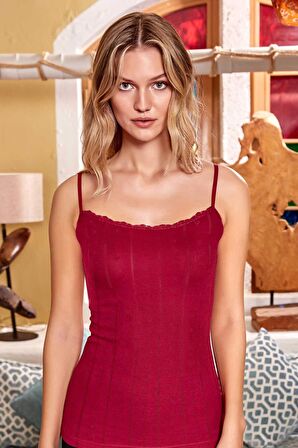 Kalp Desenli Yaka Dantelli Ince Askılı Vişne Rengi Atlet