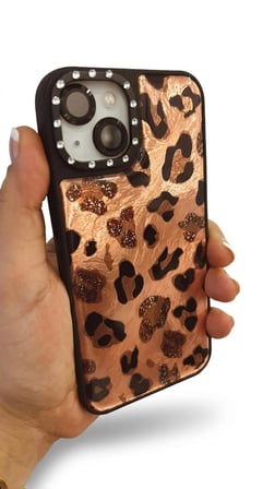 İphone 13 / 14 uyumlu Kamera Çevresi Taşlı Parlak Leopar Desen Sert Slikon Kılıf