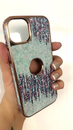 İphone 14 Plus uyumlu Simli ve Işıltılı İki Renk Gold çerçeve Logo Pencereli Lüks Kılıf